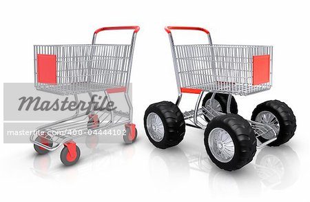 Shopping carts competition over white background