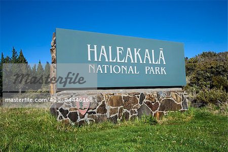 Haleakala National Park entrance sign in Maui, Hawaii.