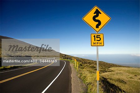 Curvy road sign in Haleakala National Park, Maui, Hawaii.