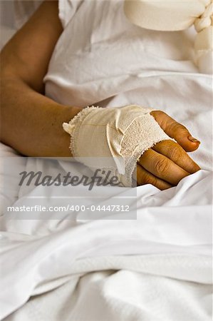 Healthcare wounded hand, bandages, woman in the hospital, health series
