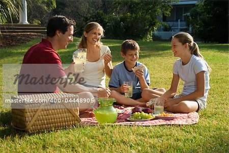 Caucasian family of four having picnic in park.