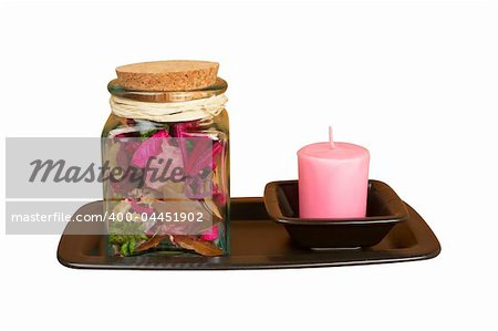 The candle and essence jar isolated white background. Path included