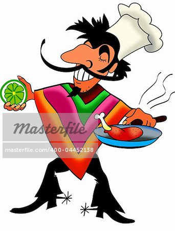 Funny Mexican cook cooking and dancing.Illustration coloured in computer.