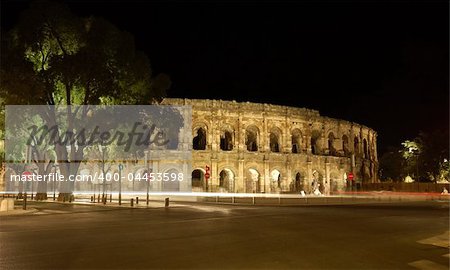 Roman Amphitheater, Nimes, France, illuminated at night