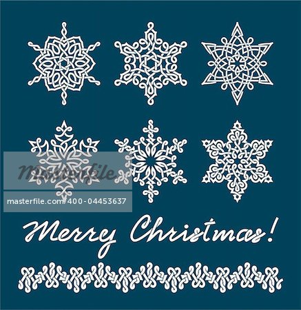 Unique snowflakes with complex interlacings. The text " Merry Christmas " and border are executed in the same style