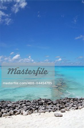 tropical maldivian beach with rocks and turquoise ocean