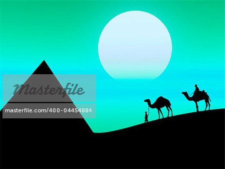 Hot landscape as this desert sunset with camels on the background