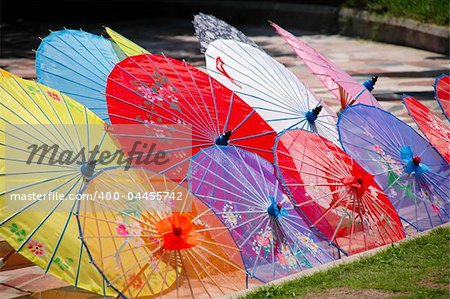 Shot of multi color traditional Chinese umbrellas