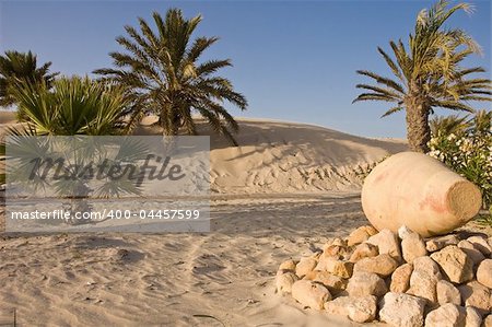 A green oasis on the djerba desert with an amphora