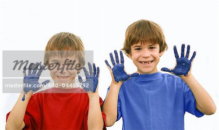Boys Hand Painting with Messy Blue Hands