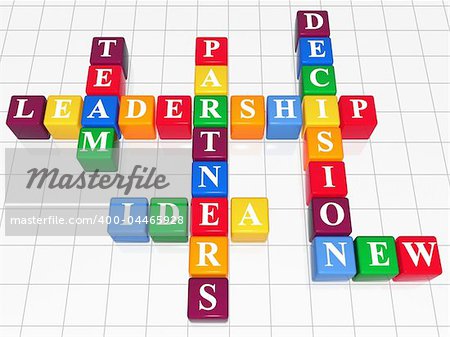3d color boxes like crossword - leadership; team; partners; decision; idea; new