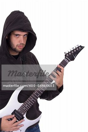 Young electric guitar player with his head cover over white background