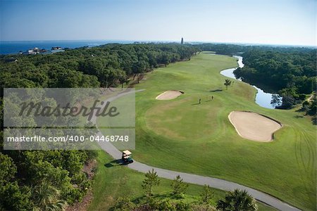 Aerial view of golf course in coastal residential community at Bald Head Island, North Carolina.