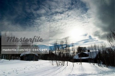 A winter night cabin scene