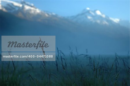 Morning mist in mountains. High grass, snowy peaks, first ray of sun.