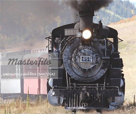 Closeup of narrow gauge train near Chama, New Mexico.