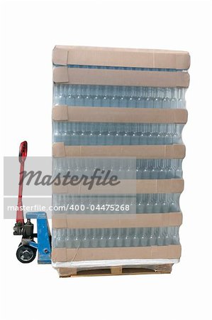 Pallet jack with a pallet of bottles