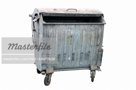 Metal garbage container. Four wheeled trash can isolated on white