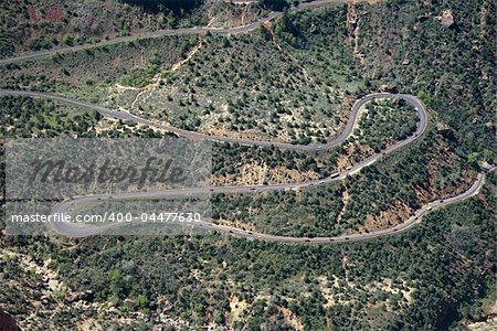 Aerial of winding Route 9 road in Zion National Park of Utah, USA.