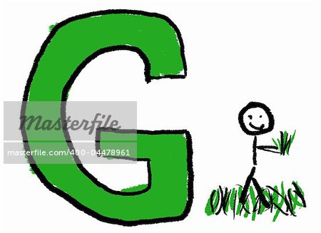 A childlike drawing of the letter G, with a stick person playing in the Grass