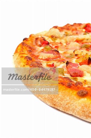 Tasty Italian pizza withs soft shadow on white background. Shallow DOF