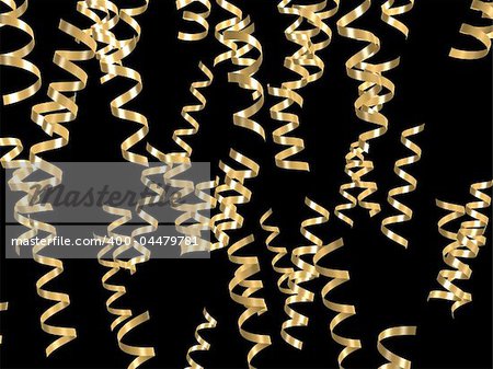 3d rendered illustration of many golden ribbons on a black background