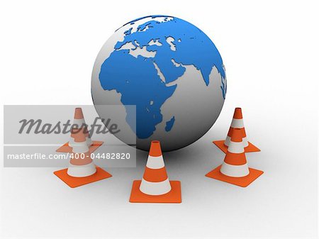 3d rendered illustration of traffic cones and a globe