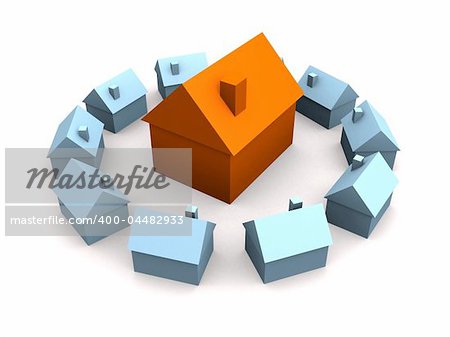 3d rendered illustration of blue and orange simple houses