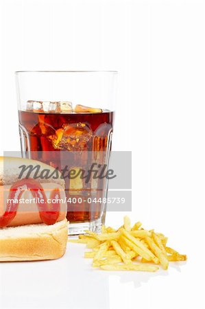 Hot dog, soda glass and french fries, reflected on white background. Shallow DOF