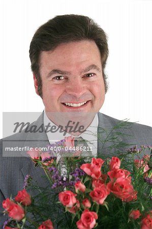 A headshot of a handsome businessman holding a bouquet of roses for his wife, girlfriend, secretary.