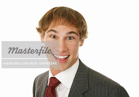 Super excited happy young businessman.  Isolated on white.