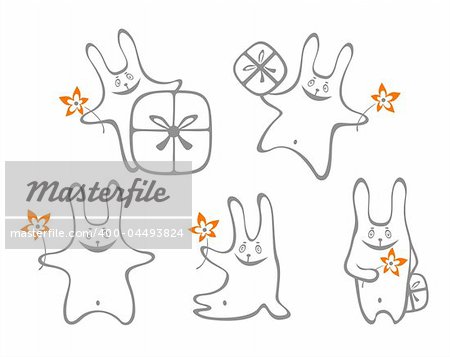 Five stylized happy rabbits on a white background. Holiday illustration.