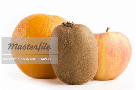 A group of fruit, an aple, kiwi and an orange.