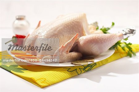 still life: fresh chicken with vegetables and spicery on the plate