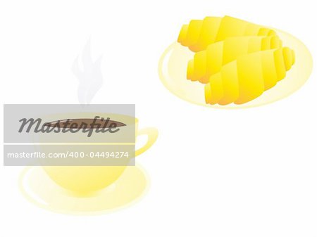 Vector illustration of a cup of hot coffee and fresh croissants
