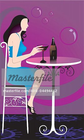 Silhouette of Lady sitting in a restaurant and drinking wine