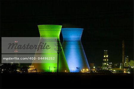 Israeli oil Refinery in Haifa by night illuminated in green and blue