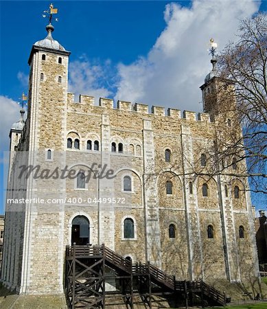 The ancient White Tower, in the center of the Tower of London, London, England.