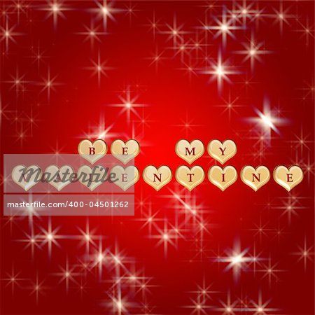 3d golden hearts, red letters, text - be my valentine, background stars, lights