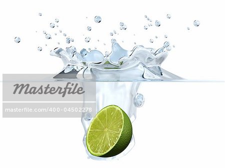 3d rendered illustration of a lime falling into water