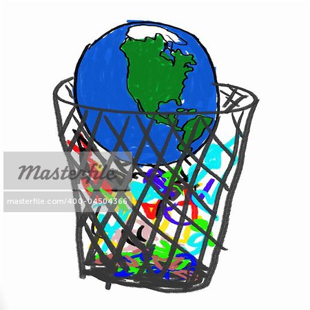 A childlike drawing of the earth in the garbage