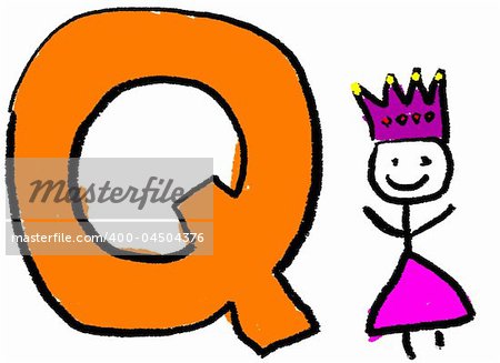 A childlike drawing of the letter Q, with a stick Queen person