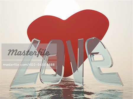 3d scene heart with inscription "Love" on background sea