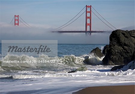 The Golden Gate Bridge in the early morning fog. San Francisco, California, United States.