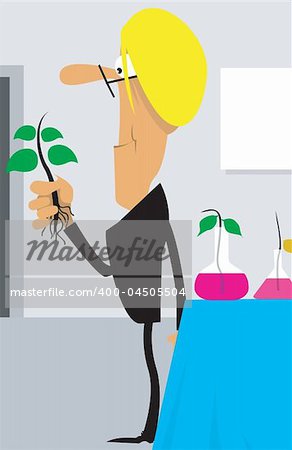 Illustration of a ma working in a lab and holding a plant