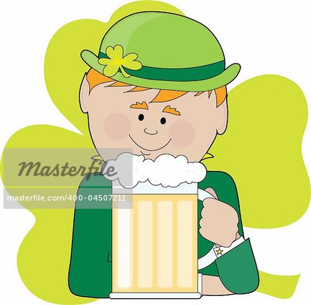 A leprechaun holding a big stein of beer and wearing a bowler hat with a shamrock on it