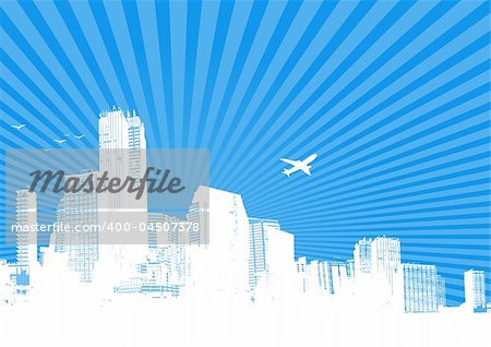 Silhouette of city with sunrise on blue background. Vector art.