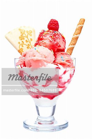 Delicious strawberry ice cream in glass bowl isolated on white background. Shallow DOF