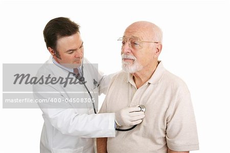 Doctor listening to a senior patient's heartbeat.  Isolated on white.
