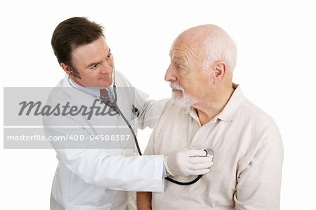 Senior man being examined by a doctor.  He's asking the if he will be okay and the physician is reassuring him.  Isolated on white.